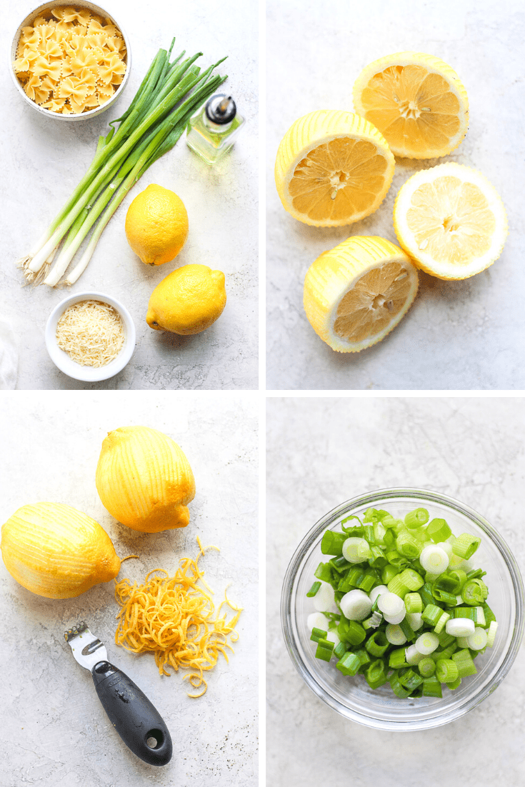 Four different photos showing the ingredients and prep of lemon pasta.