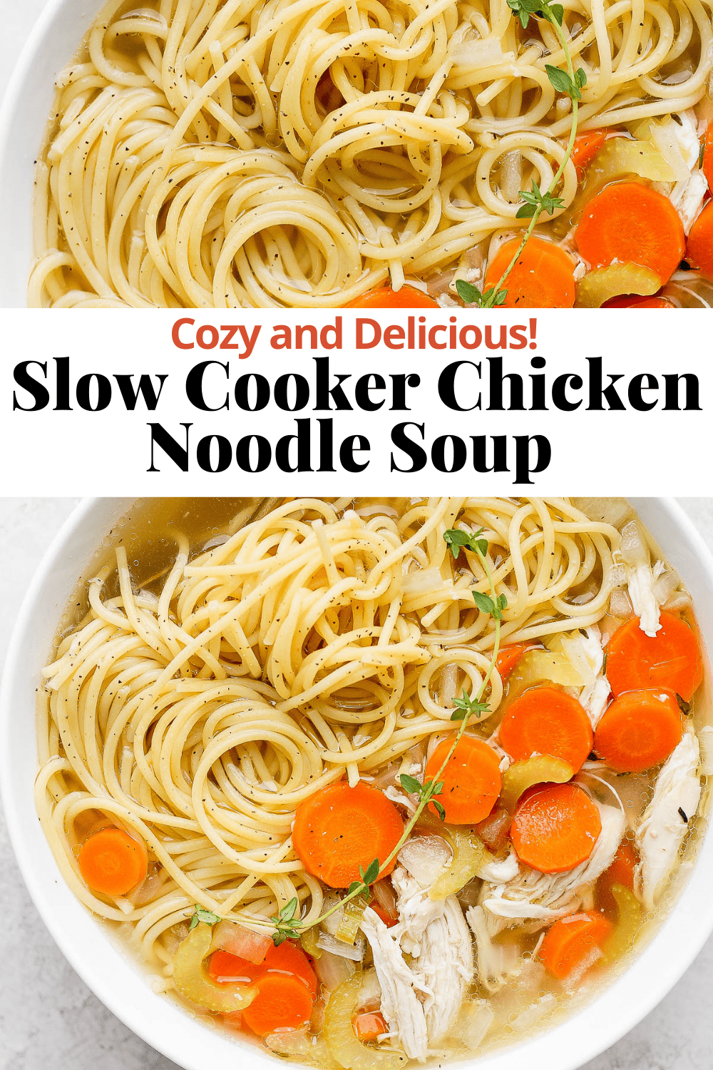 Pinterest image for slow cooker chicken noodle soup.
