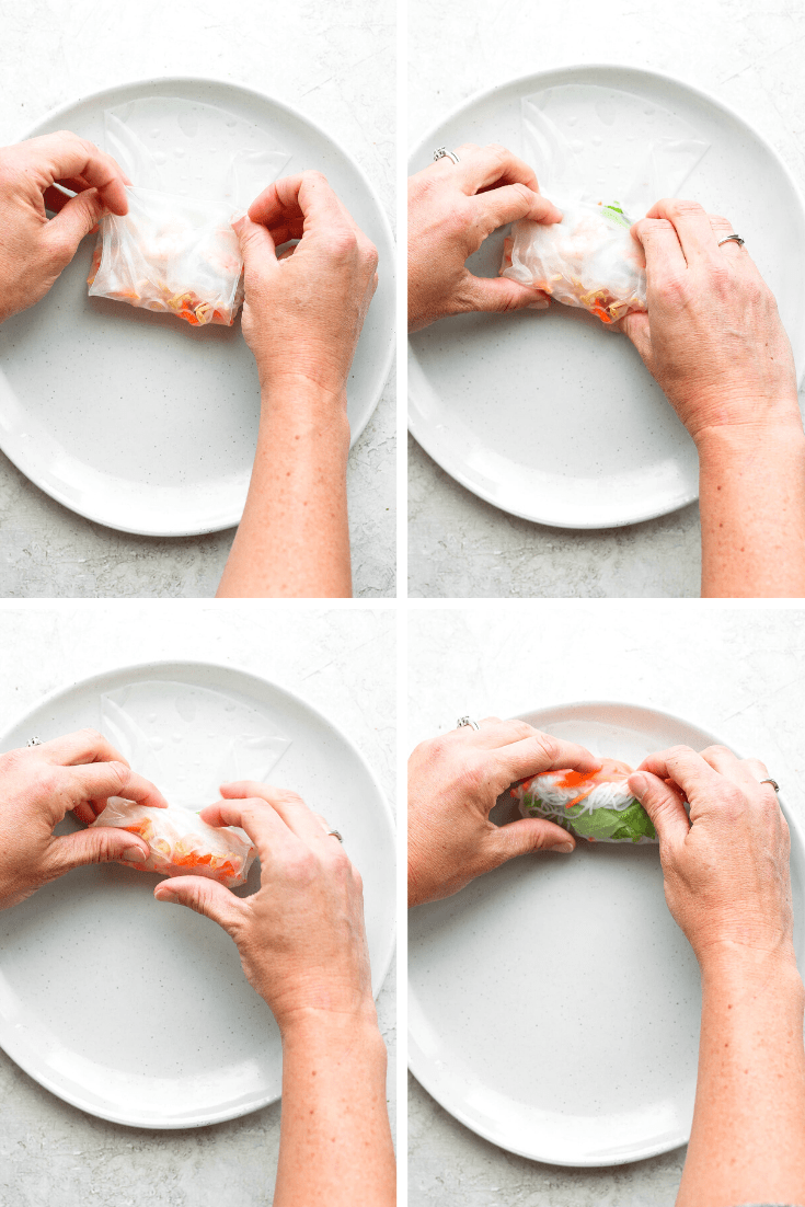 A collage of the last four steps of wrapping a shrimp spring roll.