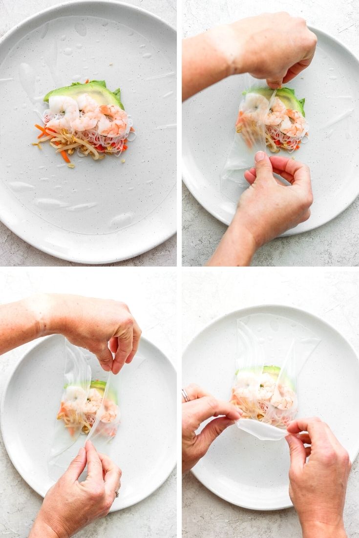 A collage of the first four steps of wrapping a shrimp spring roll. 