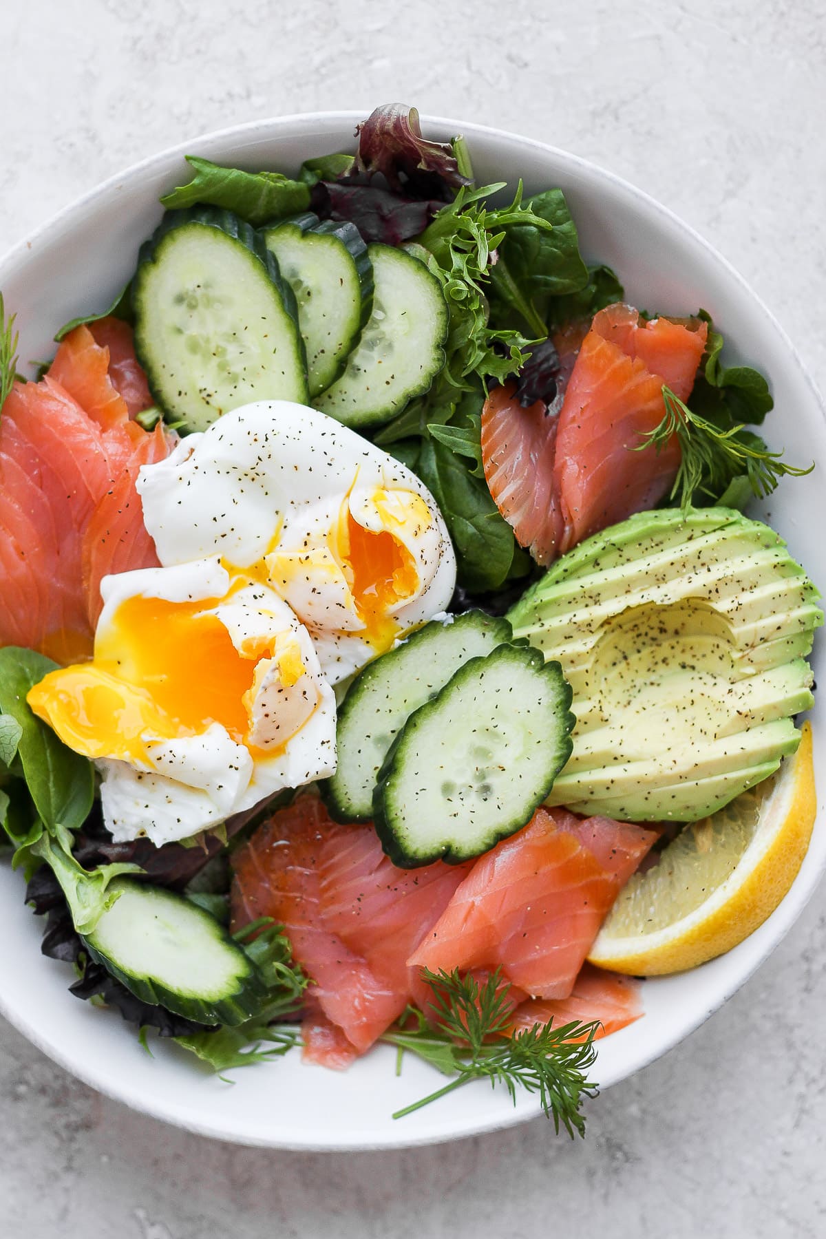 Bowl of smoked salmon salad. 