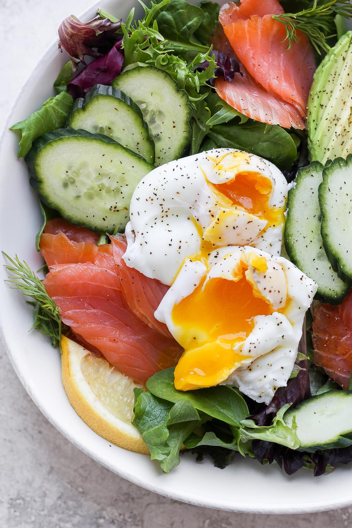 Bowl of smoked salmon salad. 