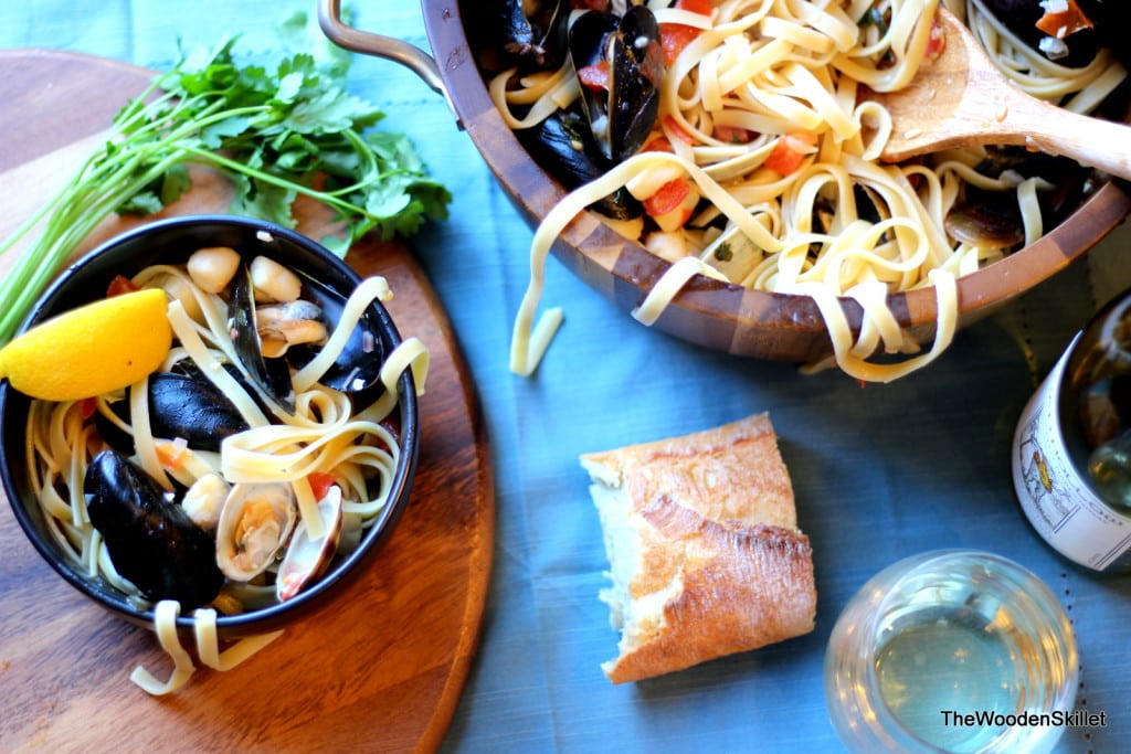 Fettuccine with Mussels, Clams and Bay Scallops in White Wine Sauce