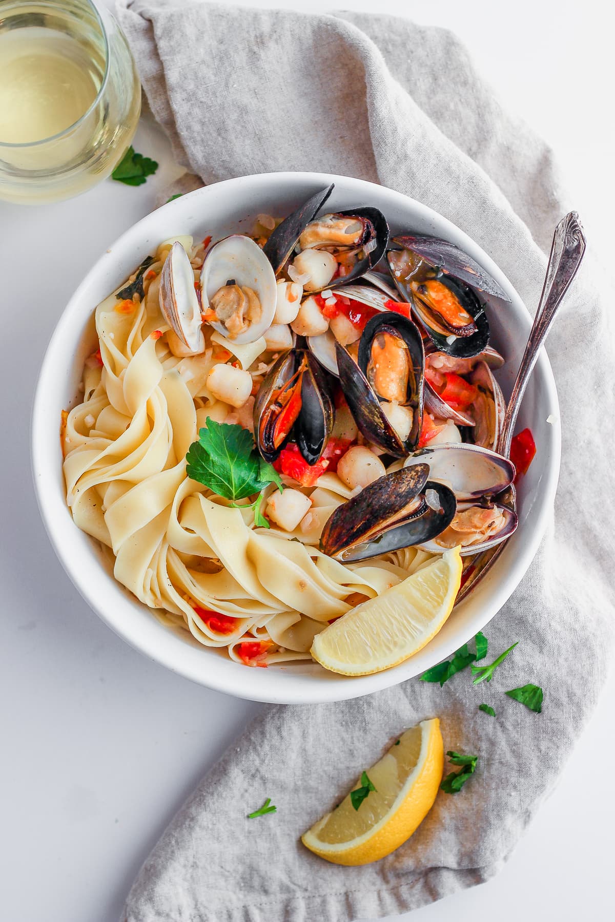 Fettuccine with Clams, Mussels and Bay Scallops