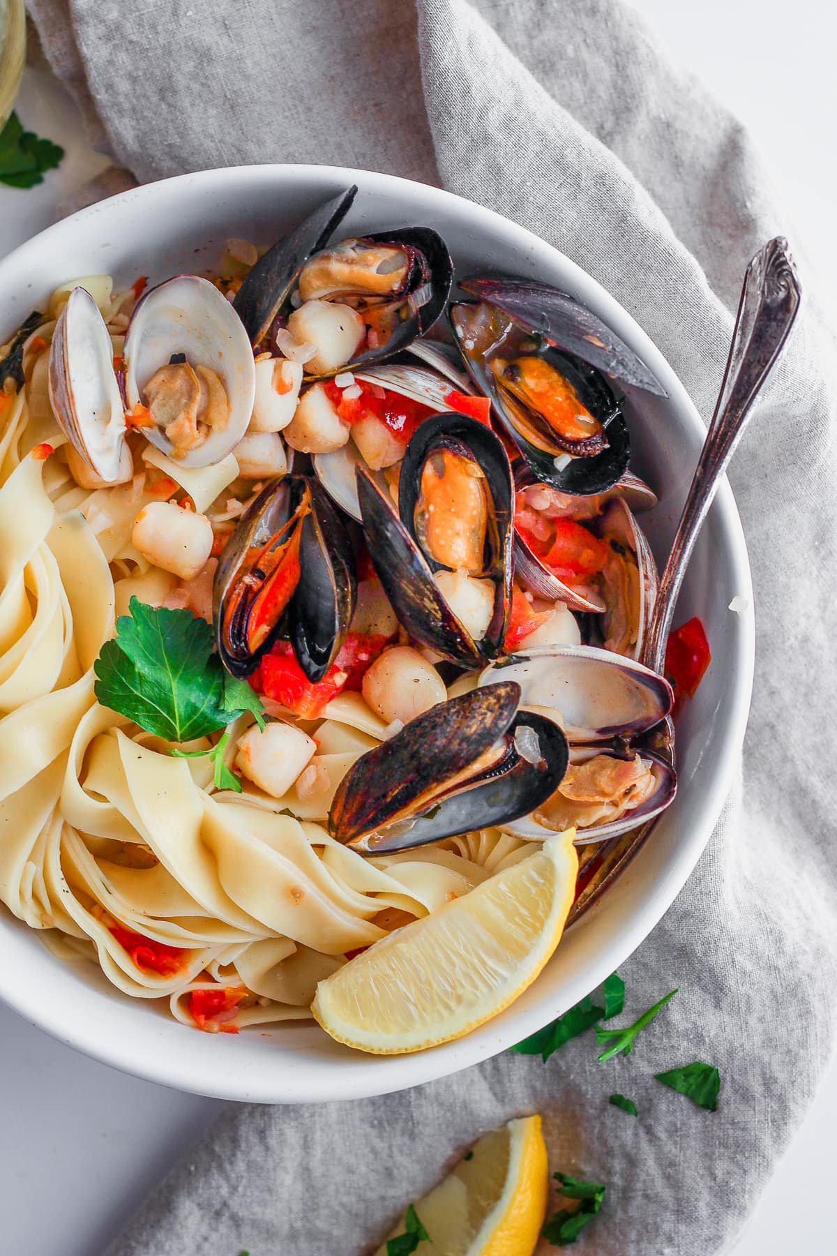 Fettuccine with Clams, Mussels and Bay Scallops