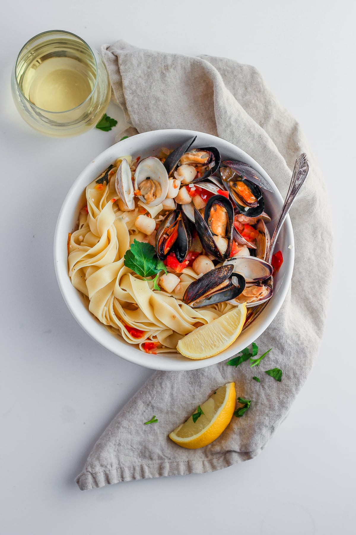 Fettuccine with Clams, Mussels and Bay Scallops 