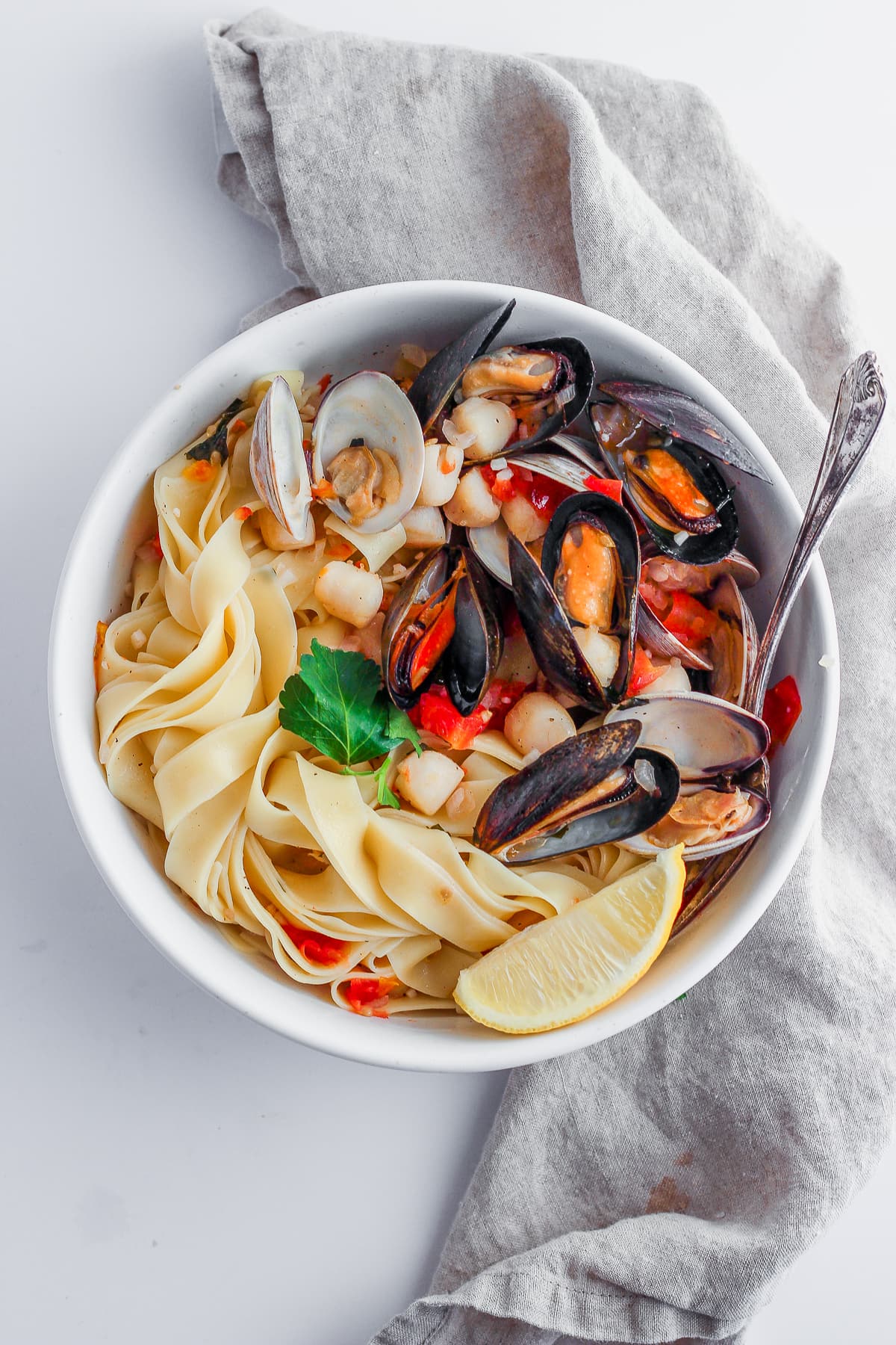 Fettuccine with Clams, Mussels and Bay Scallops
