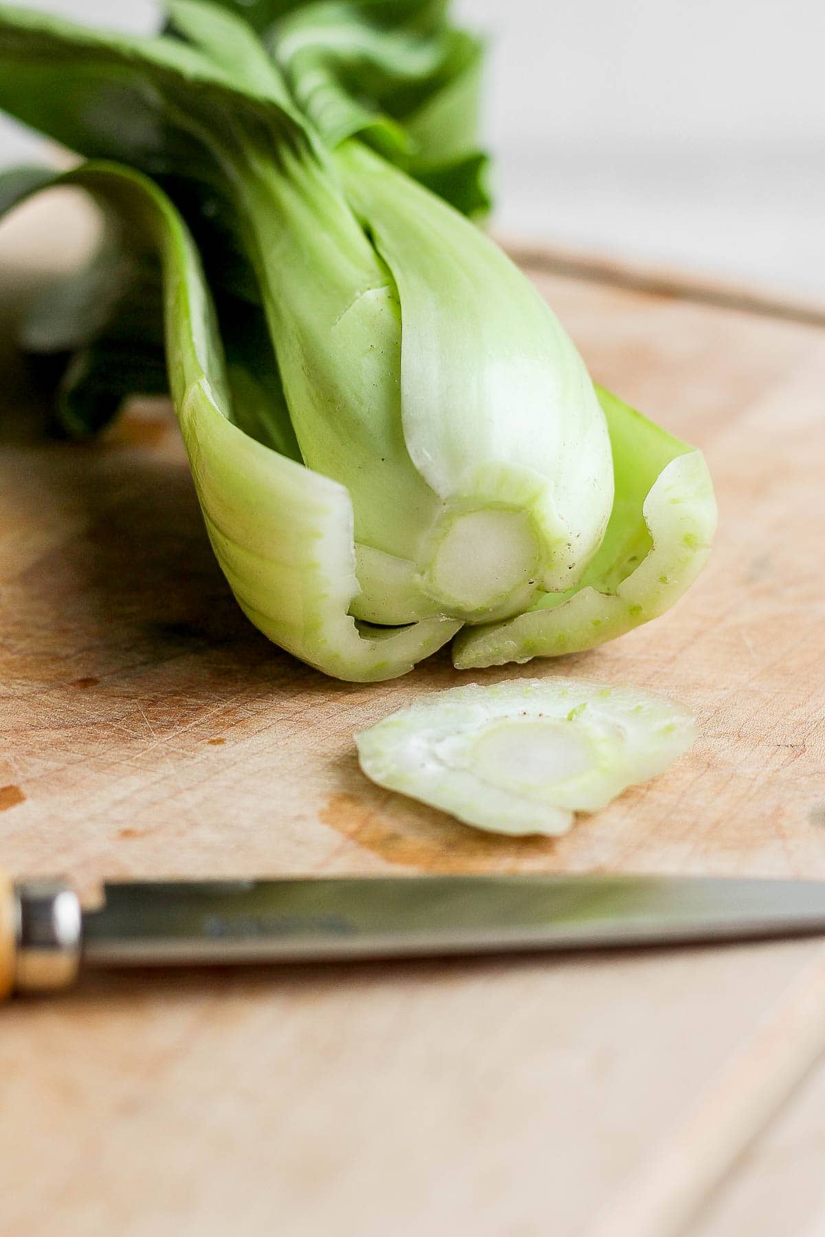 A baby bok choy sitting on a wooden cutting board with the end trimmed off. 