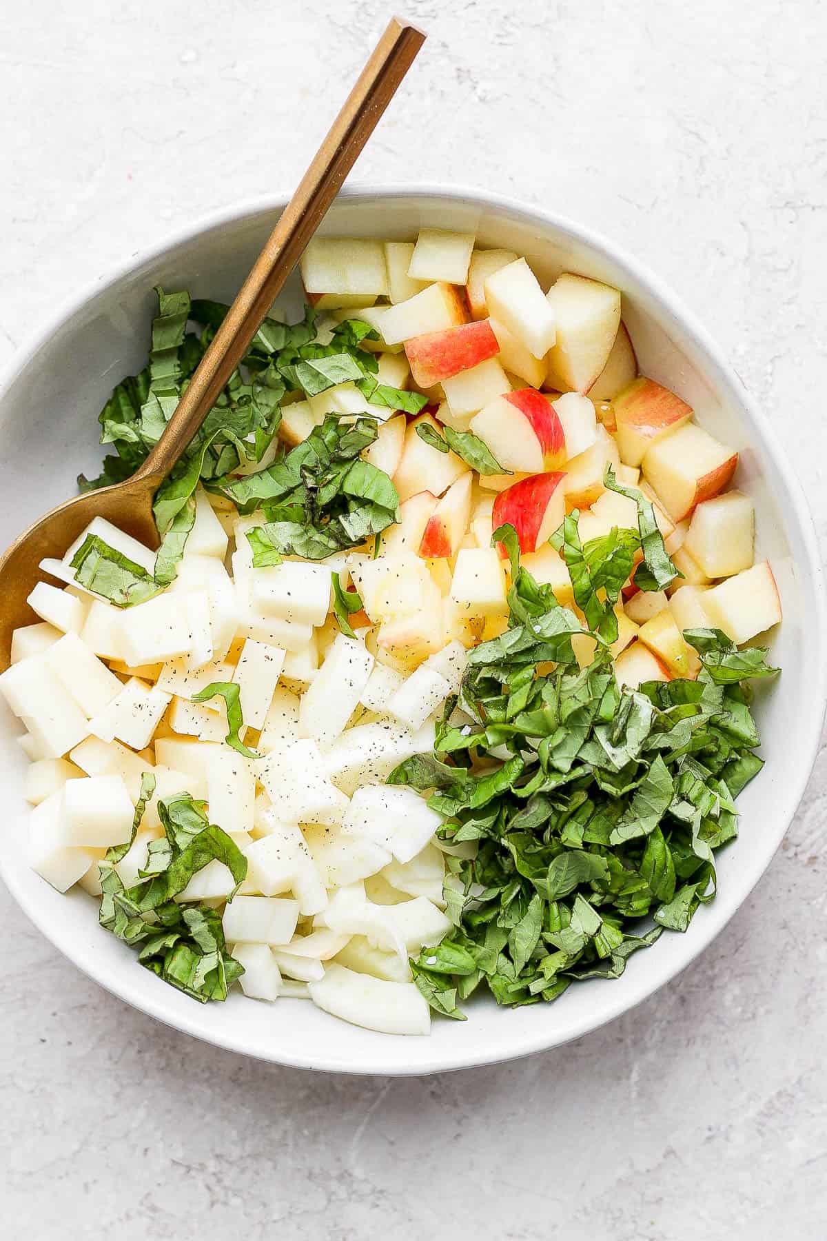 Ingredients added to bowl, but still separated.