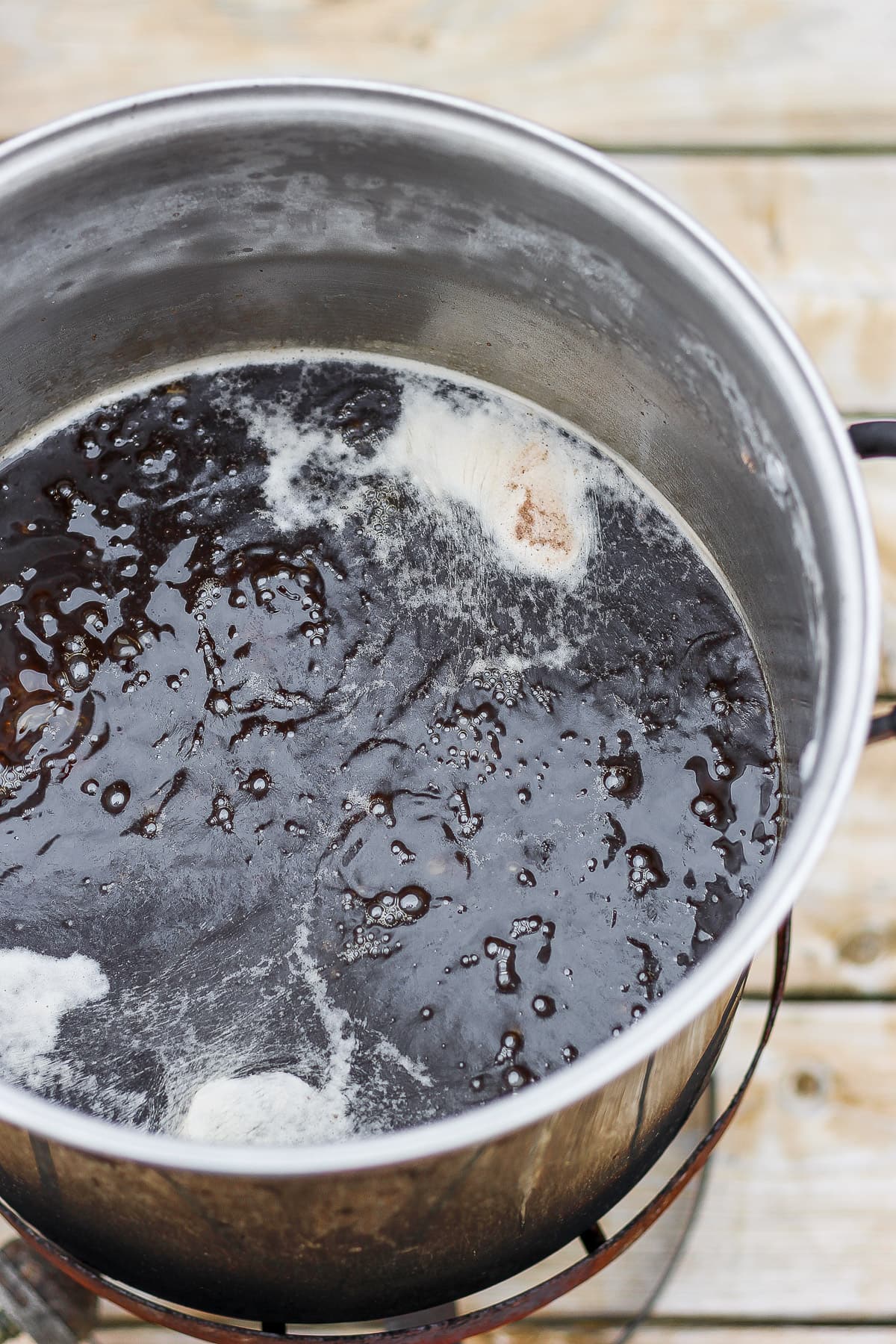 Top shot of a pot of maple syrup. 