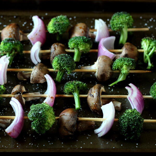Grilled Broccoli, Red Onion and Portabella Mushroom Skewers The