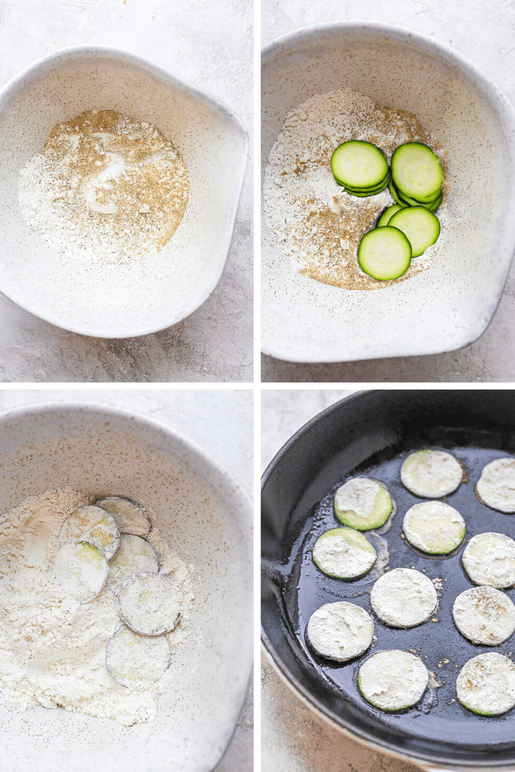 Four images showing the flour/seasonings in a bowl, the zucchini added to the bowl, the zucchini in the bowl after tossing, and the coated zucchini in a hot skillet.