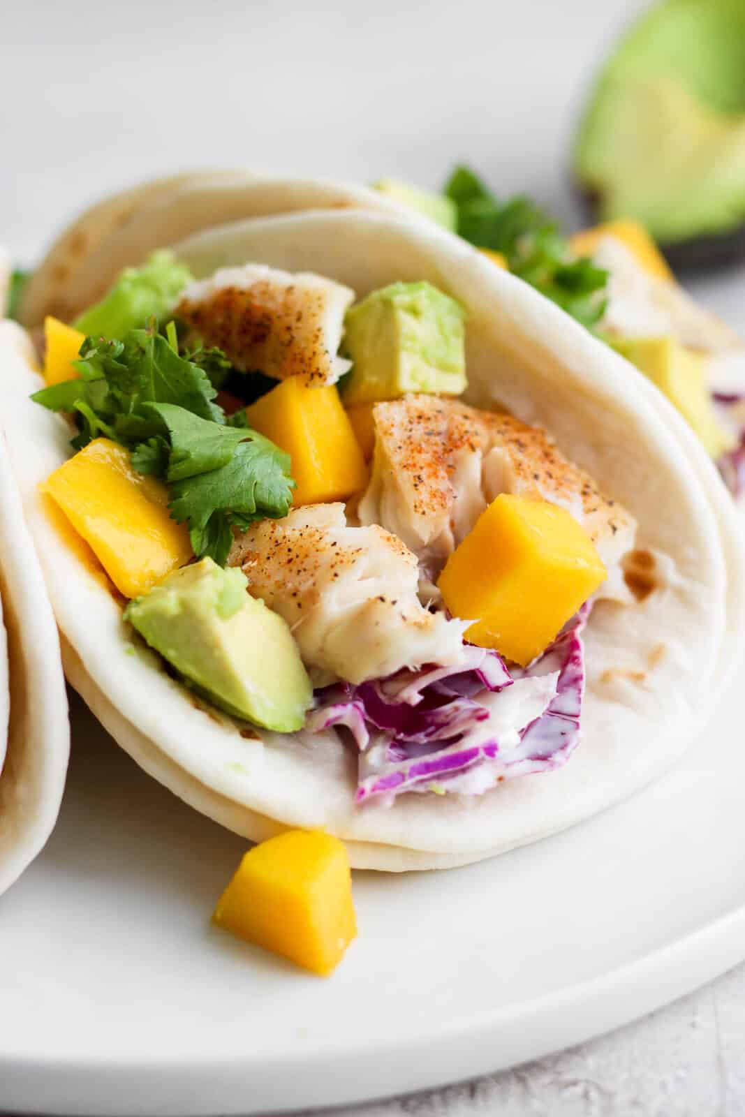 A tilapia fish taco on a plate with avocado and mango. 