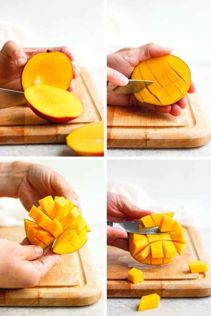 Four photos together showing the four steps of cutting a mango. 