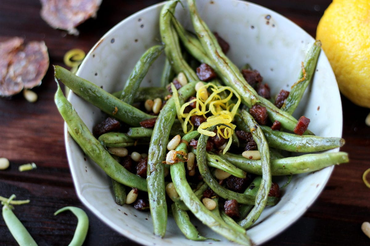 Green Beans with Spanish Chorizo, Pine Nuts and Lemon Zest - thewoodenskillet.com #sidedish