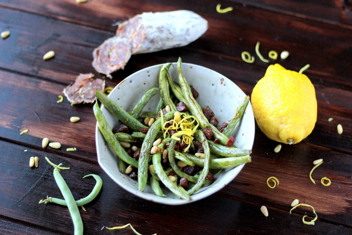 Green Beans with Spanish Chorizo, Pine Nuts and Lemon Zest - thewoodenskillet.com #sidedish