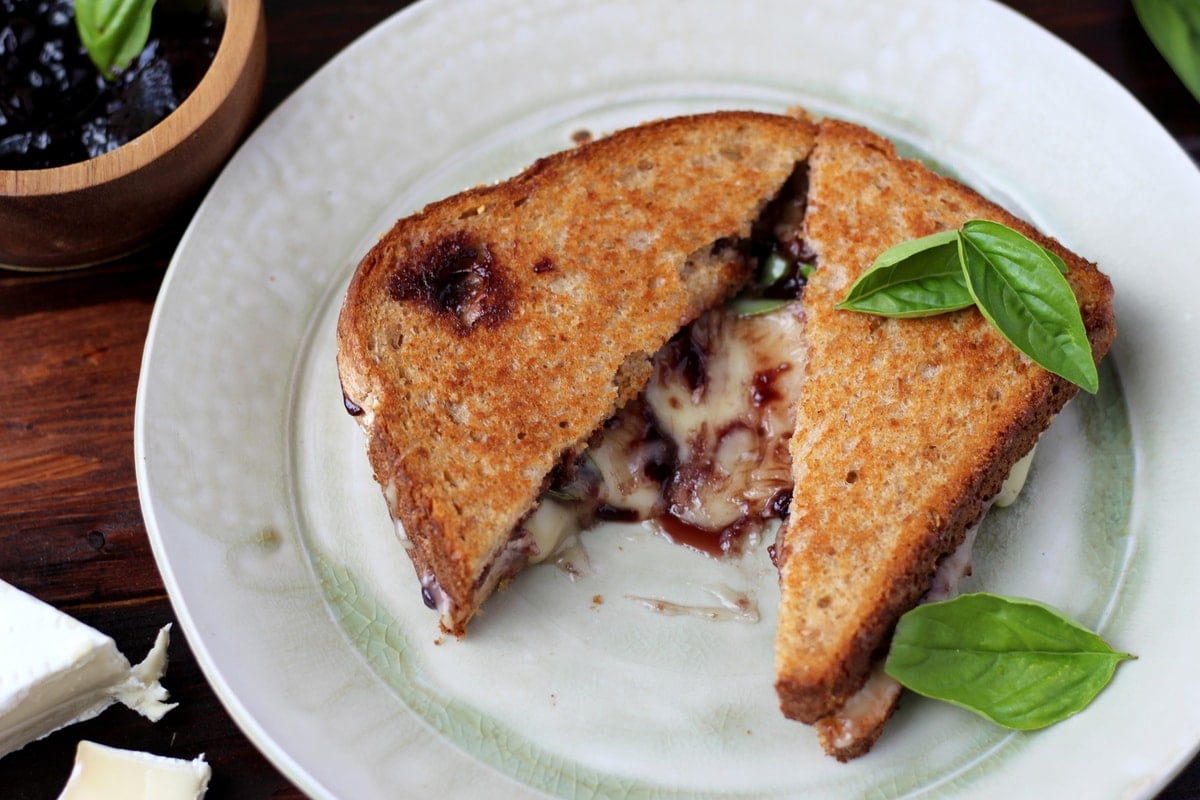 Baked Brie Grilled Cheese Sandwich with Sweet Basil and Boysenberry Jam
