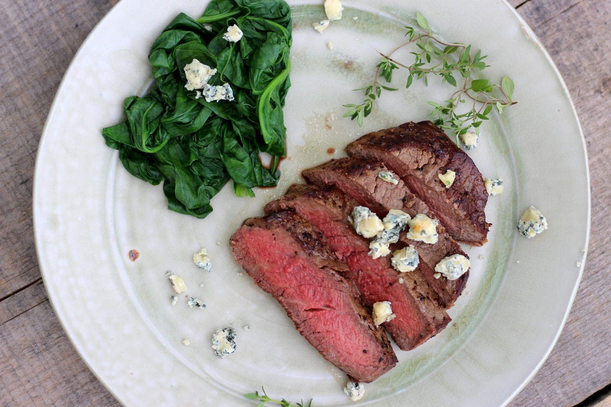 Pan-Fried Filet Mignon with Butter, Thyme and Blue Cheese