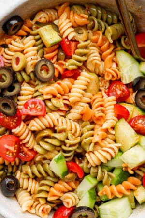 Bowl of zesty italian pasta salad.