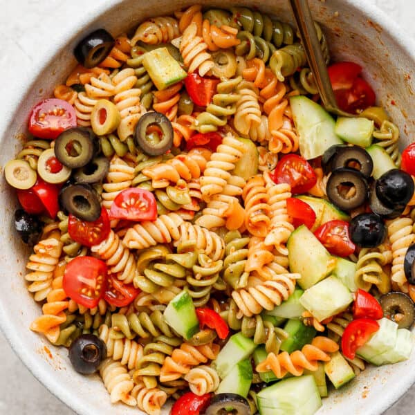 Bowl of zesty italian pasta salad.
