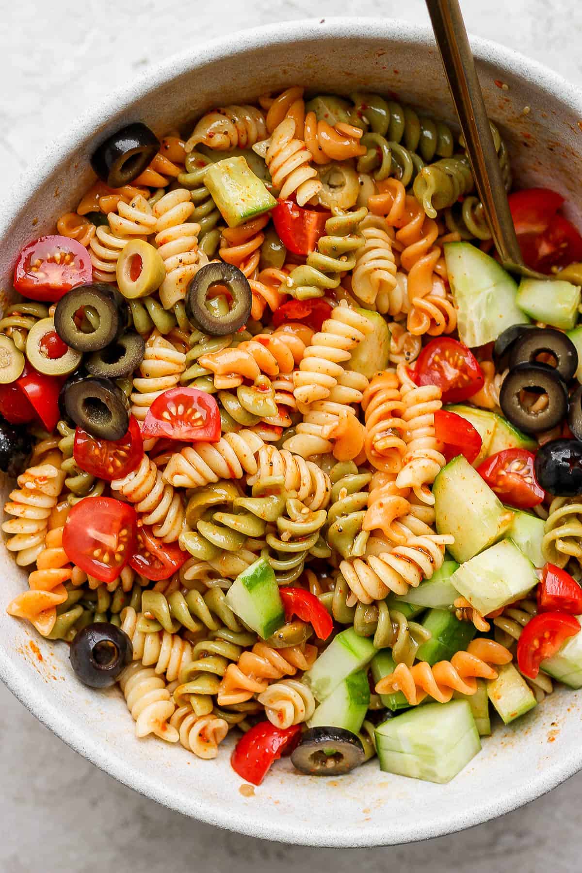 Bowl of zesty italian pasta salad.