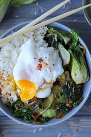 Vegetarian Rice Bowl with Braised Baby Bok Choy, Leeks and Spinach with Poached Egg and Red Pepper Flakes - thewoodenskillet.com