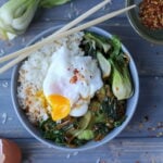 Vegetarian Rice Bowl with Braised Bok Choy, Leeks and Spinach with Poached Egg - thewoodenskillet.com
