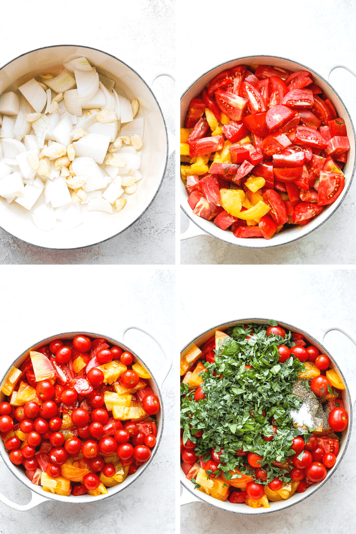 Step by step photos of the process of making homemade marinara sauce. 