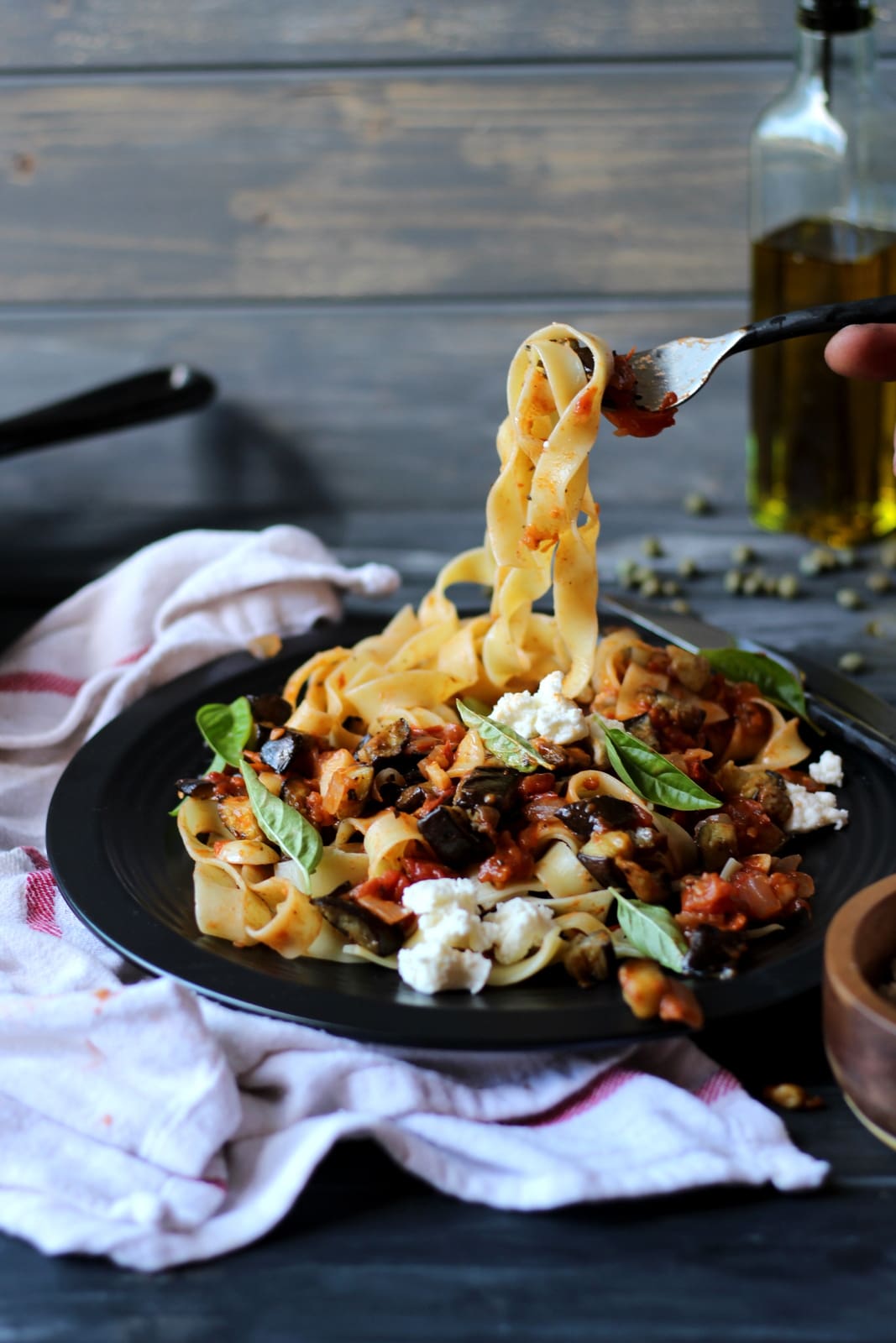 Roasted Eggplant Rague + Pappardelle Pasta - thewoodenskillet.com #meatless #pastanight 