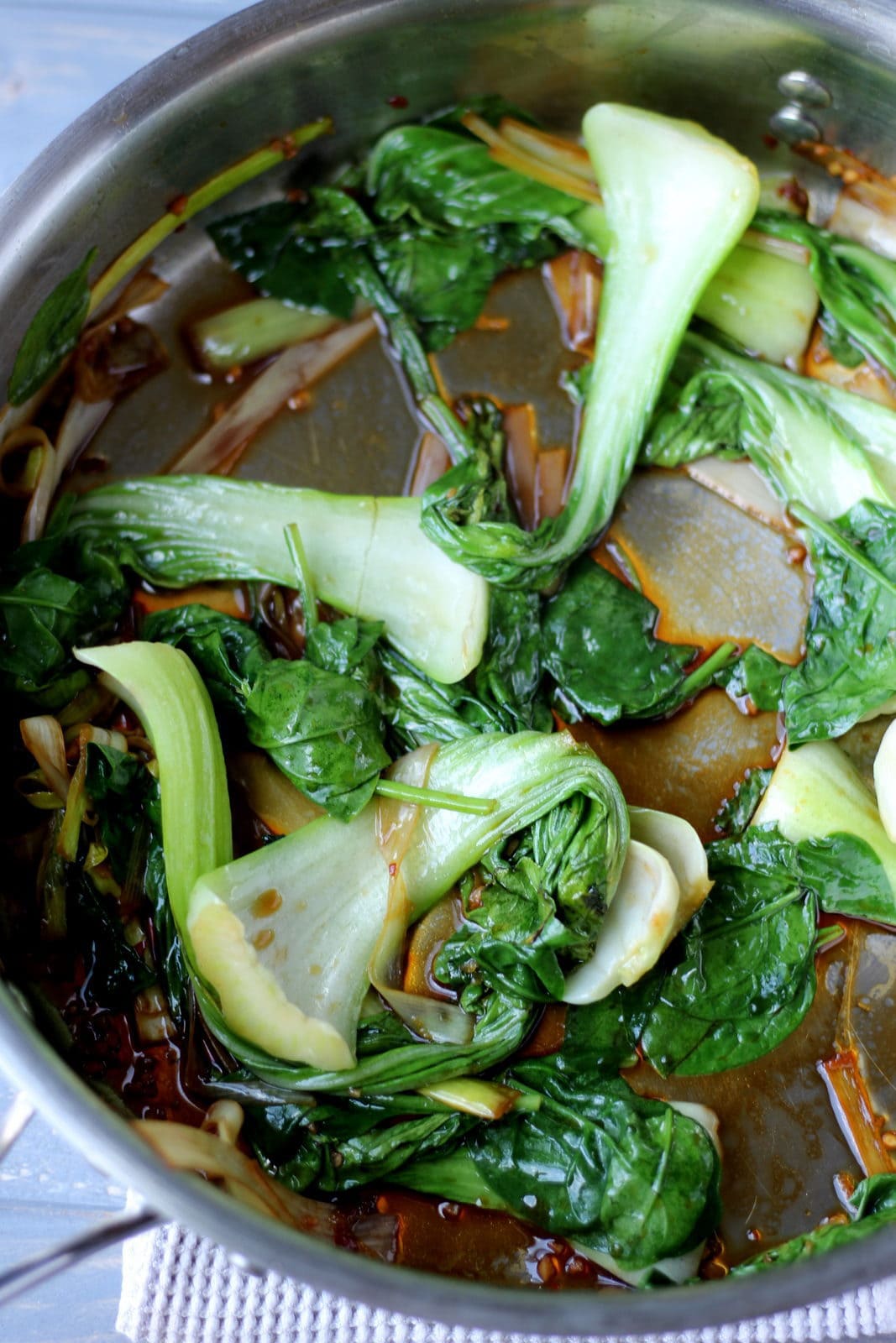 Braised baby bock choy, leeks and spinach