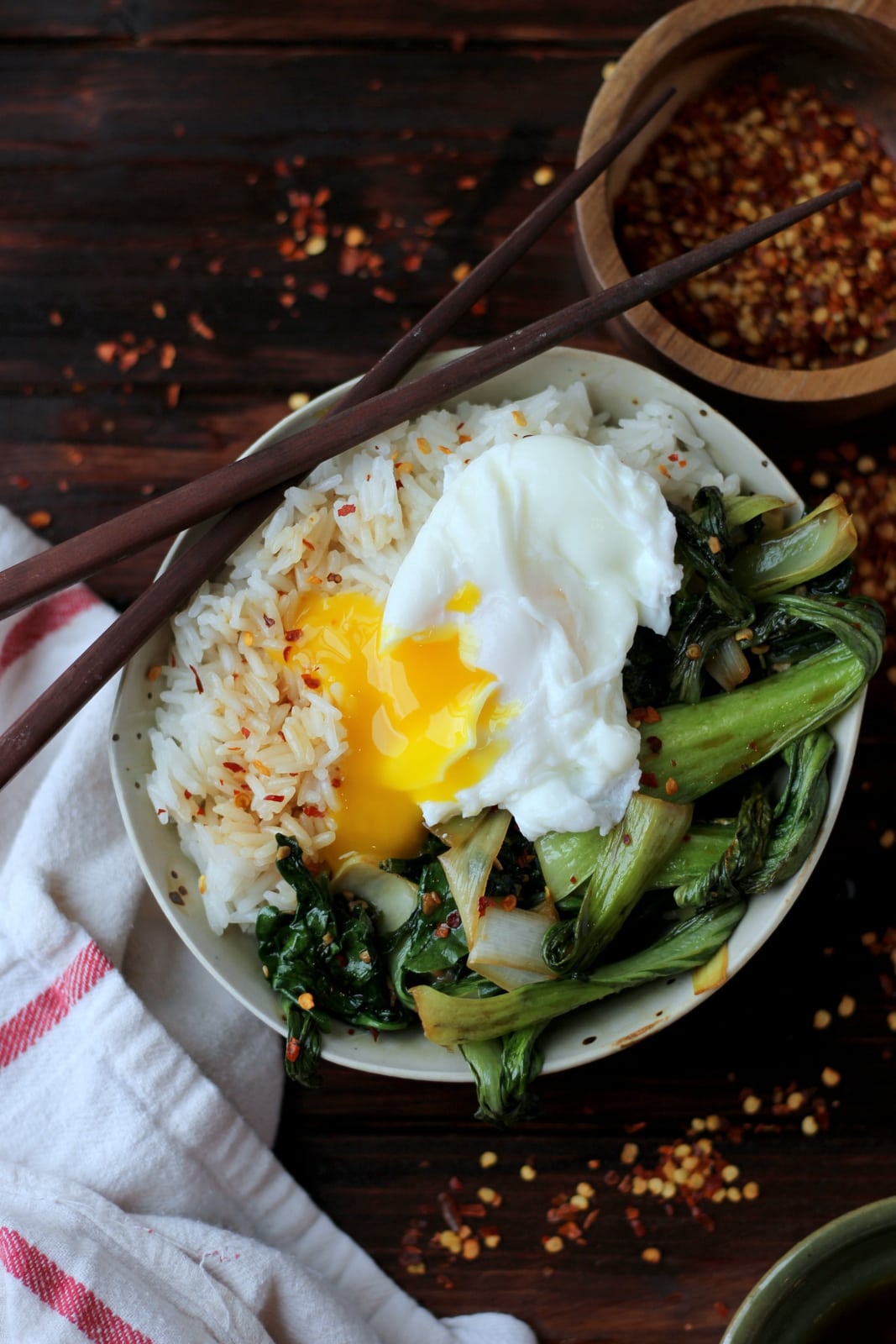 Vegetarian Rice Bowl with Bok Choy, Leeks, Spinach and Poached Egg 