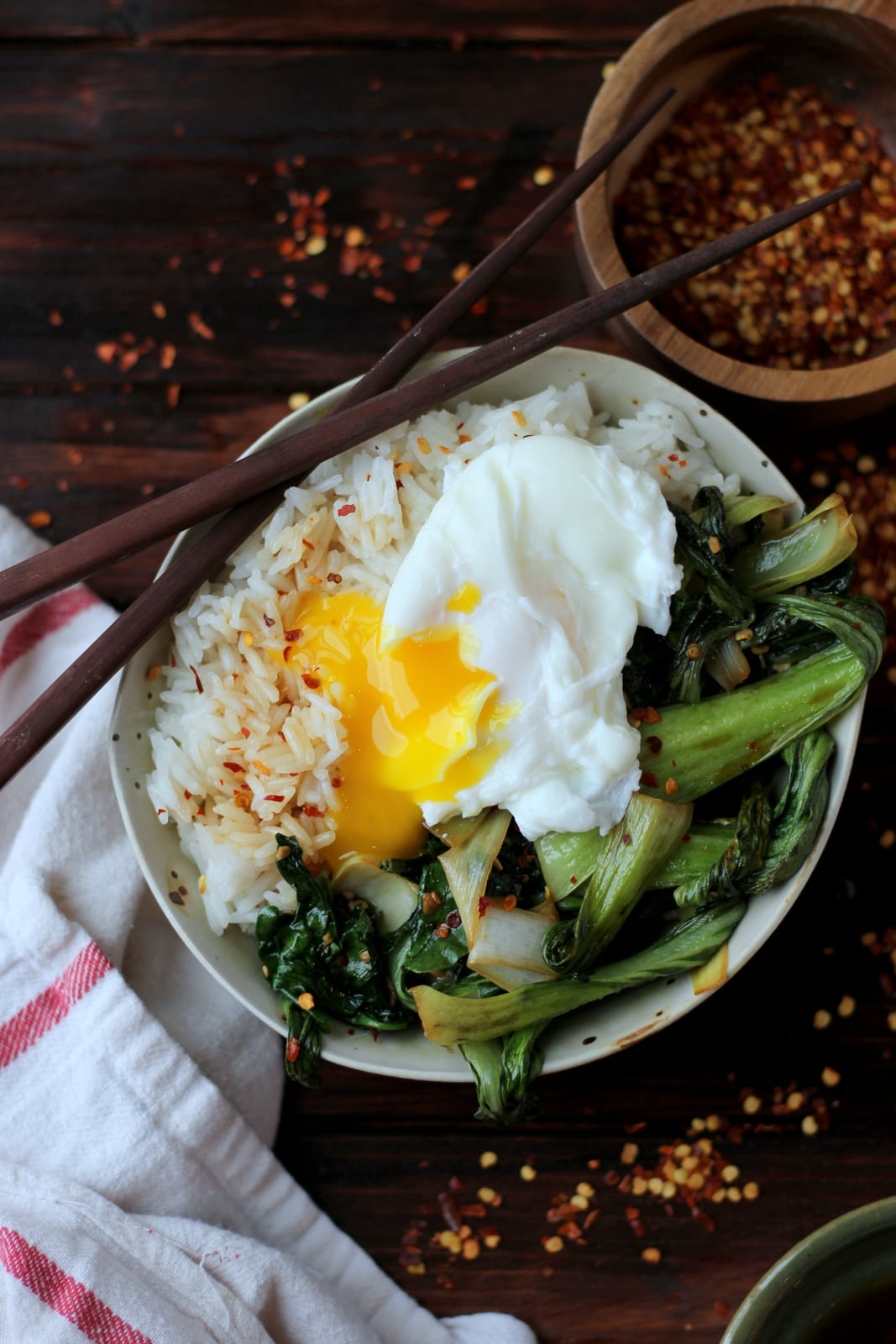 Vegetarian Rice Bowl with Bok Choy, Leeks, Spinach and Poached Egg - thewoodenskillet.com