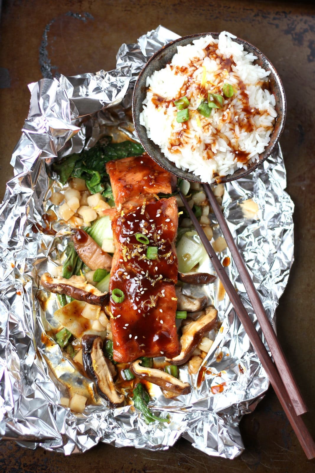 Miso Salmon in Foil with Shiitake Mushrooms, Baby Bok Choy, Spinach, Water Chestnuts and Miso Mayo over Rice - thewoodenskillet.com