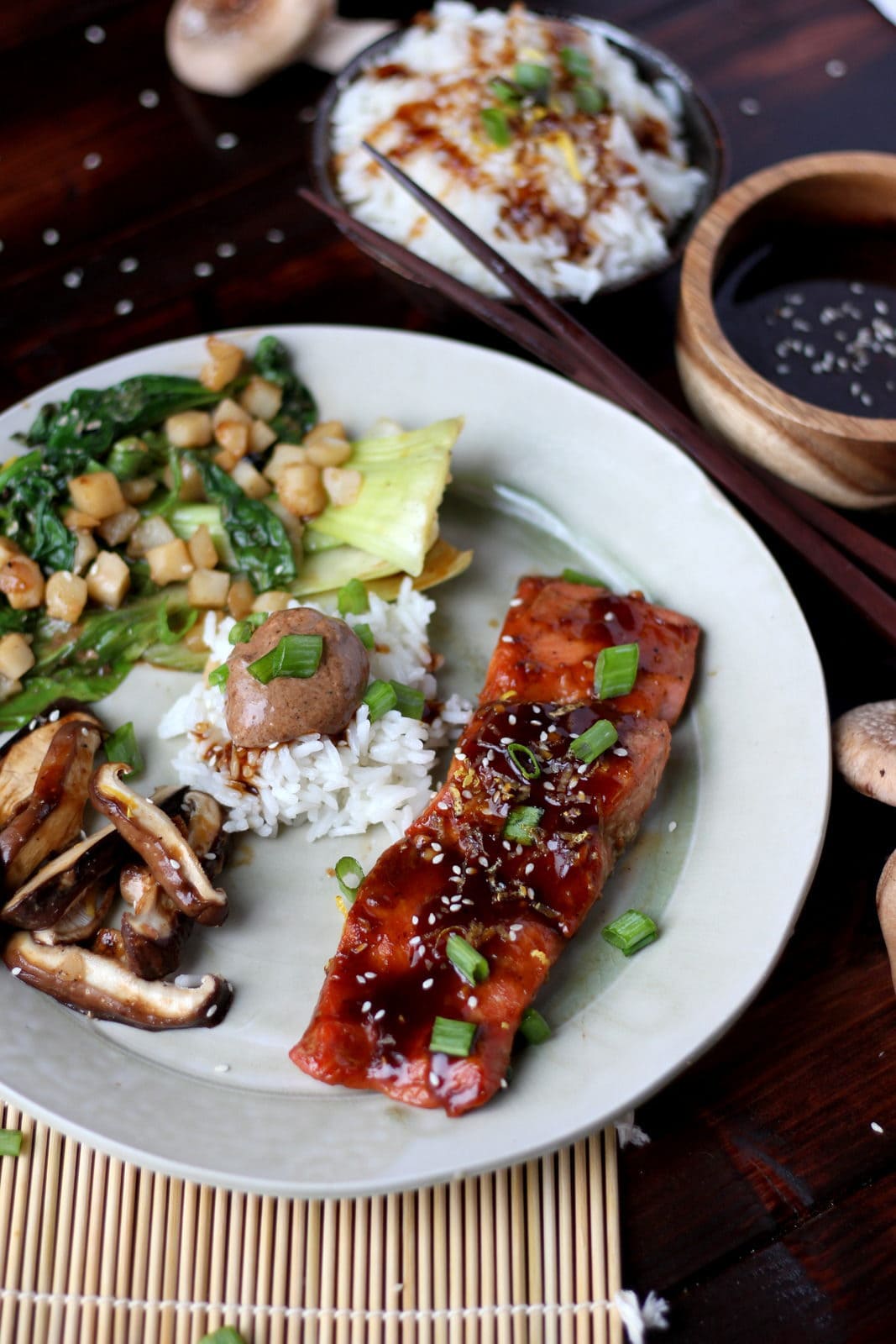 Miso Salmon in Foil with Shiitake Mushrooms, Baby Bok Choy, Spinach, Water Chestnuts and Miso Mayo over Rice - thewoodenskillet.com