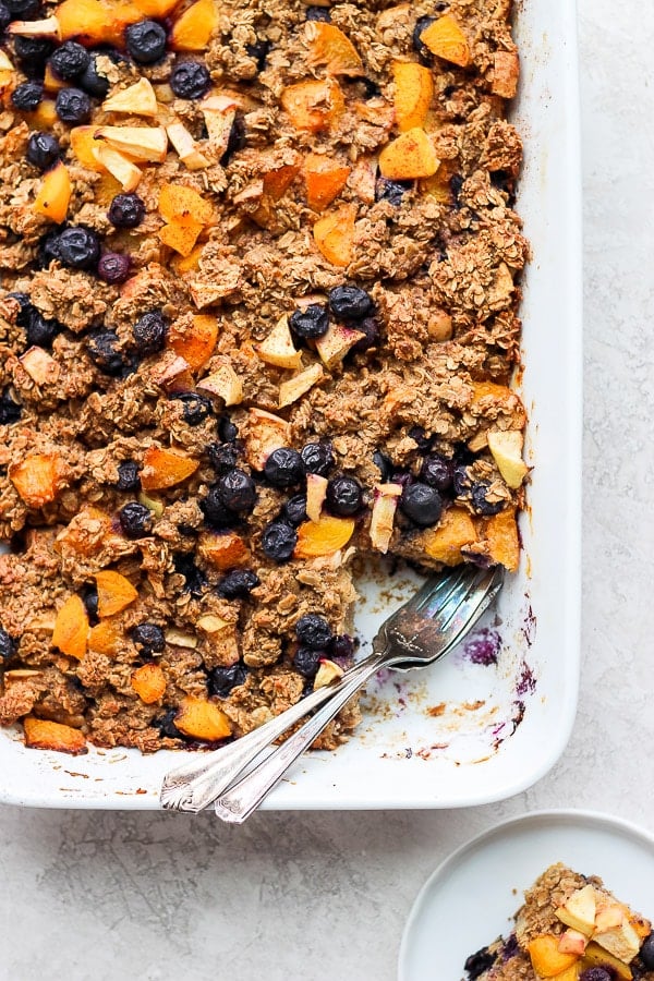 The healthy baked oatmeal after being baked and a bit removed from the corner.