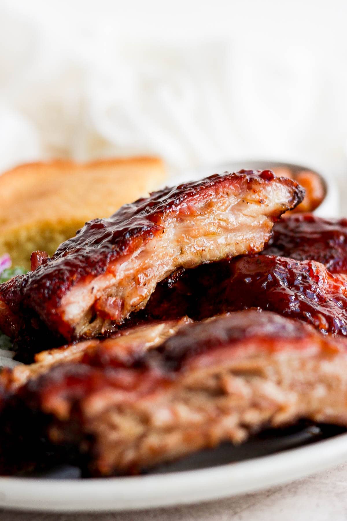 A plate of smoked baby back ribs. 