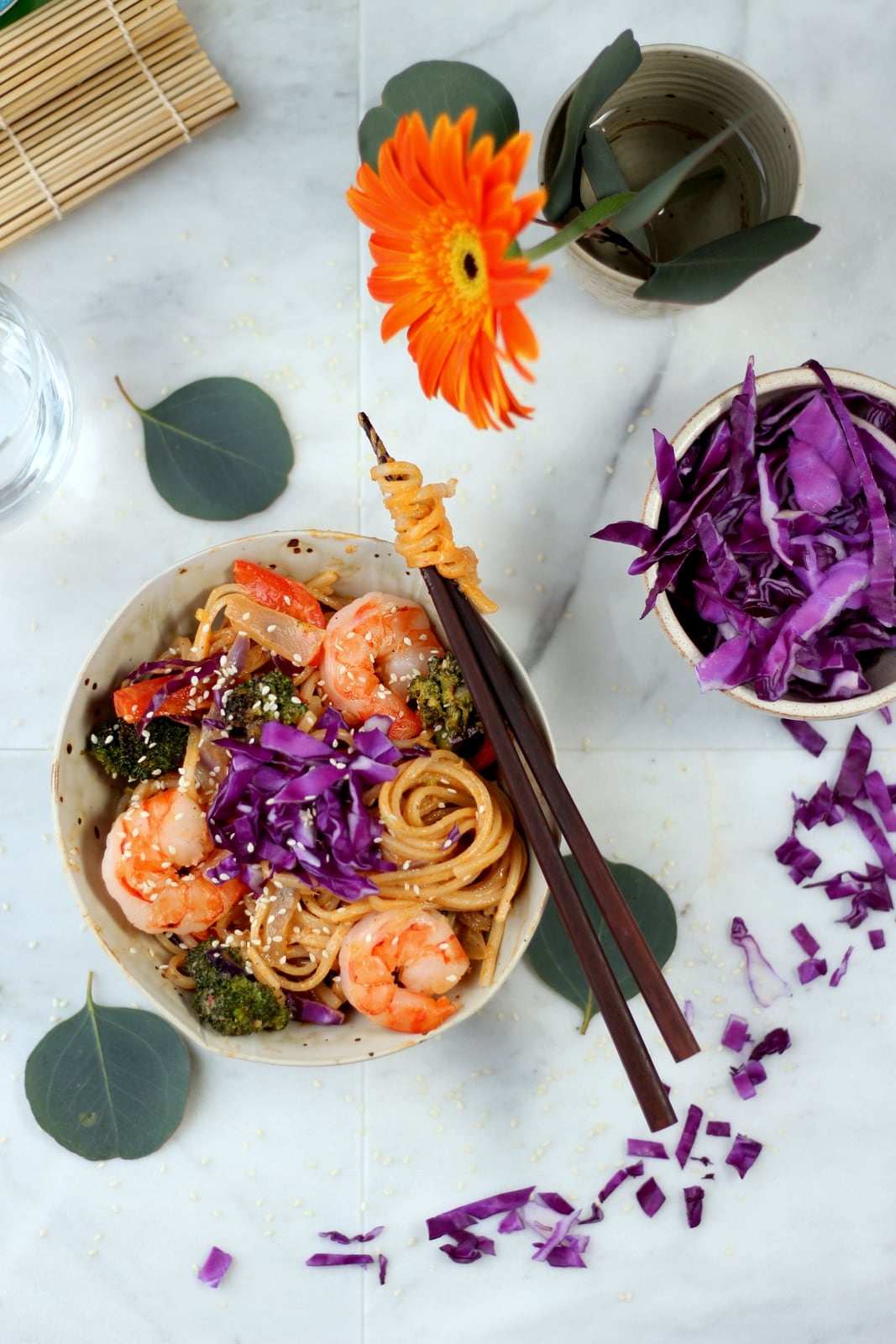 Sweet Curry Noodles + Shrimp and Roasted Vegetables - amazing Bangkok Curry recipe! thewoodenskillet.com #foodphotography #foodstyling