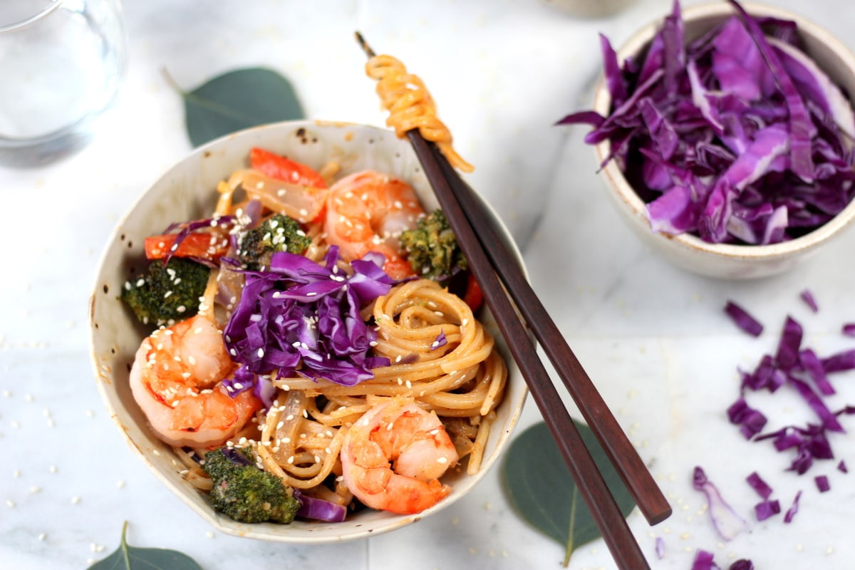 Sweet Curry Noodles + Shrimp and Roasted Vegetables - amazing Bangkok Curry recipe! thewoodenskillet.com #foodphotography #foodstyling