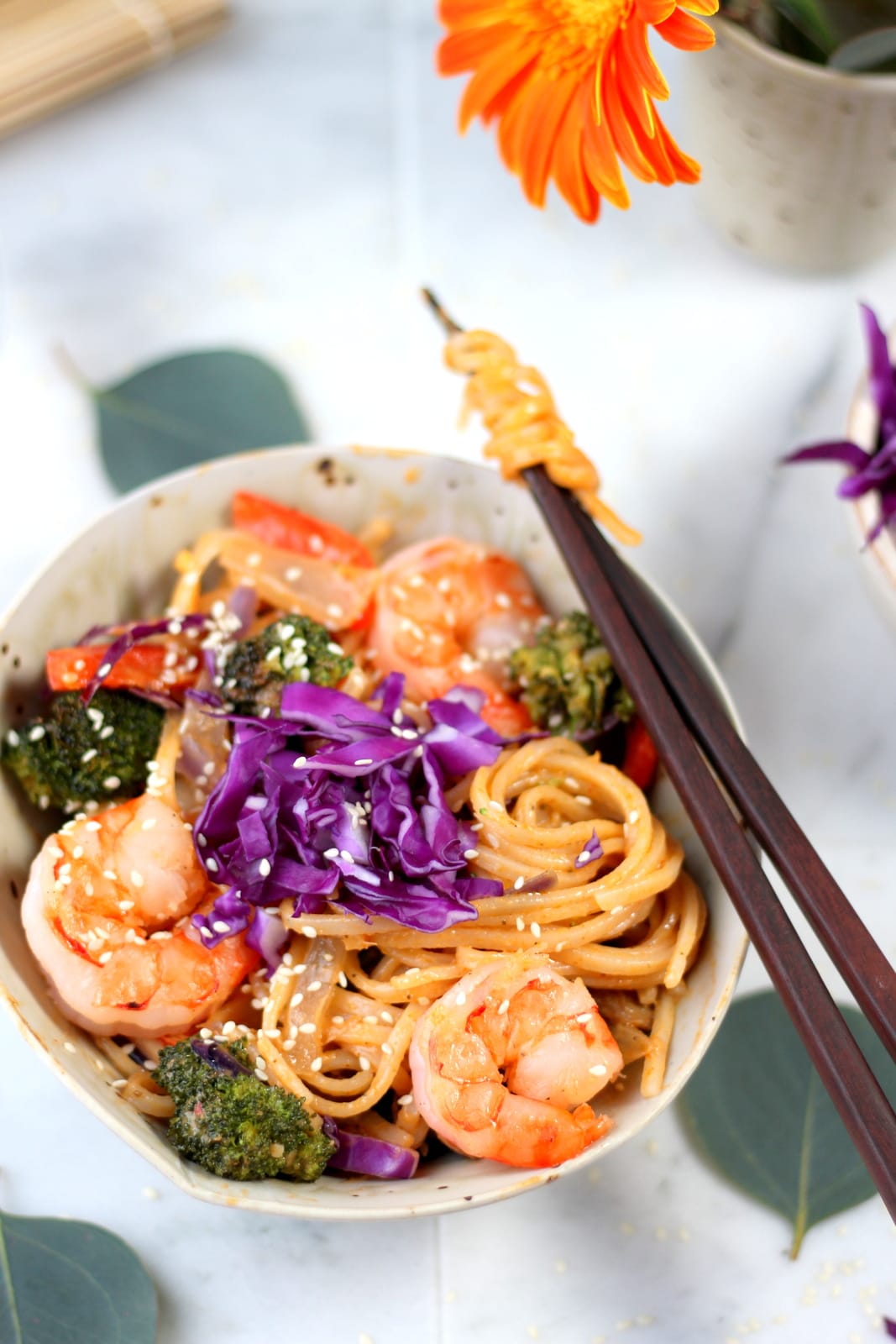 Sweet Curry Noodles + Shrimp and Roasted Vegetables - amazing Bangkok Curry recipe! thewoodenskillet.com #foodphotography #foodstyling