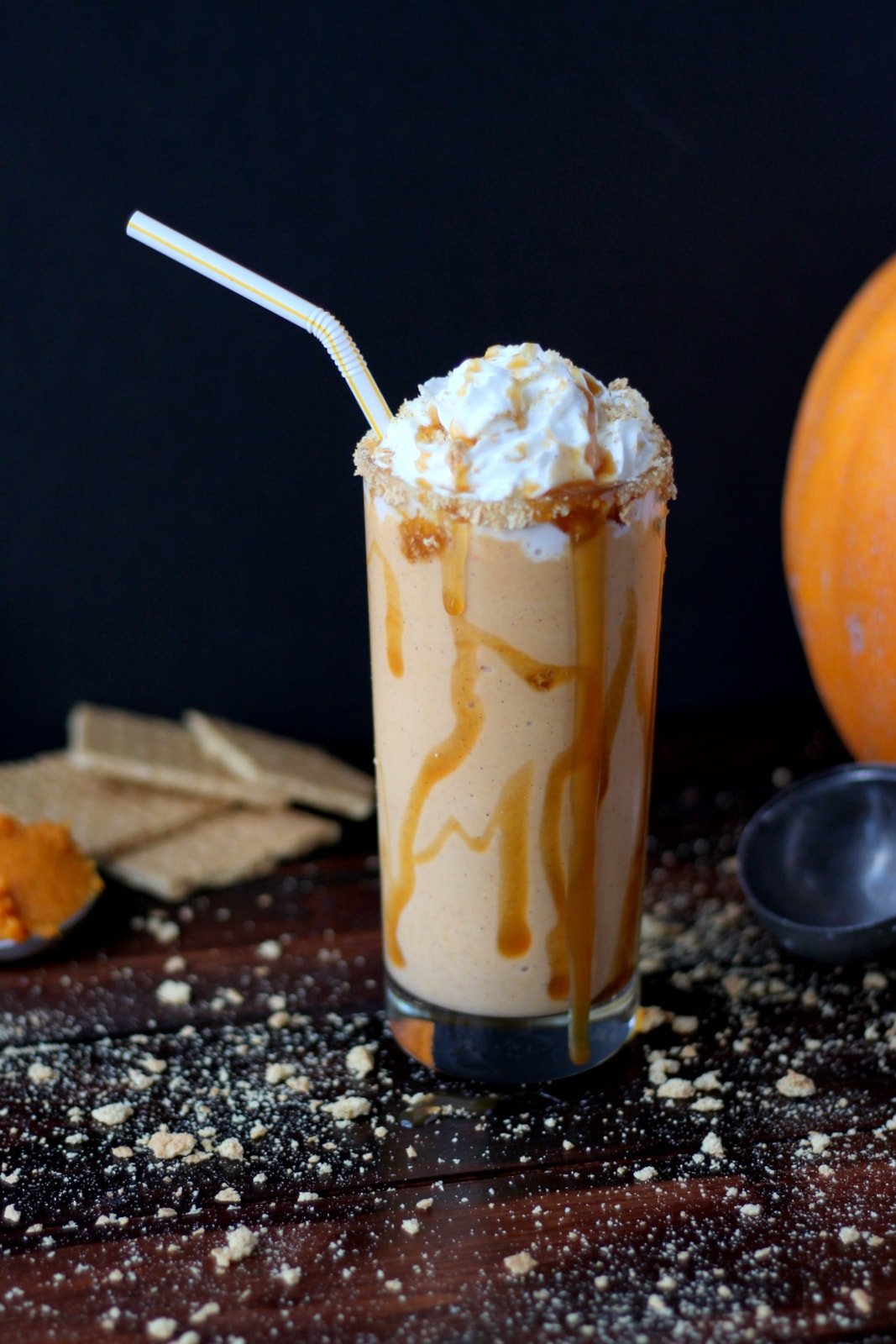 Pumpkin pie malt with whipped cream and caramel on top.