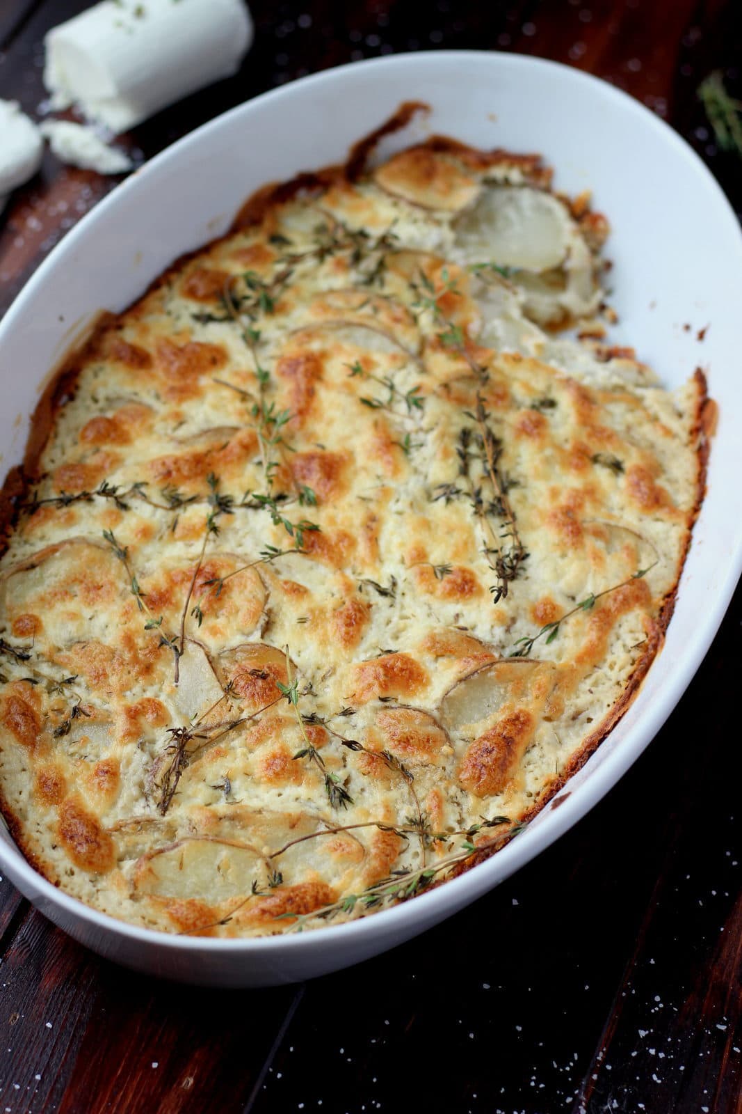 Goat Cheese Potatoes Au Gratin + Browned Butter and Fresh Thyme - awesome Thanksgiving recipe! thewoodenskillet.com #foodphotography #foodstyling