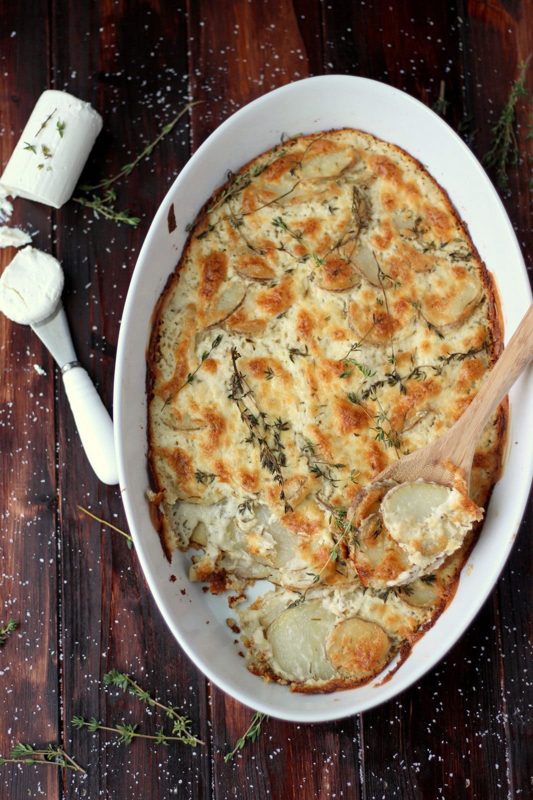 Goat Cheese Au Gratin Potatoes + Browned Butter and Fresh Thyme - perfect side dish recipe for Thanksgiving or any meal! thewoodenskillet.com #foodphotography #foodstyling