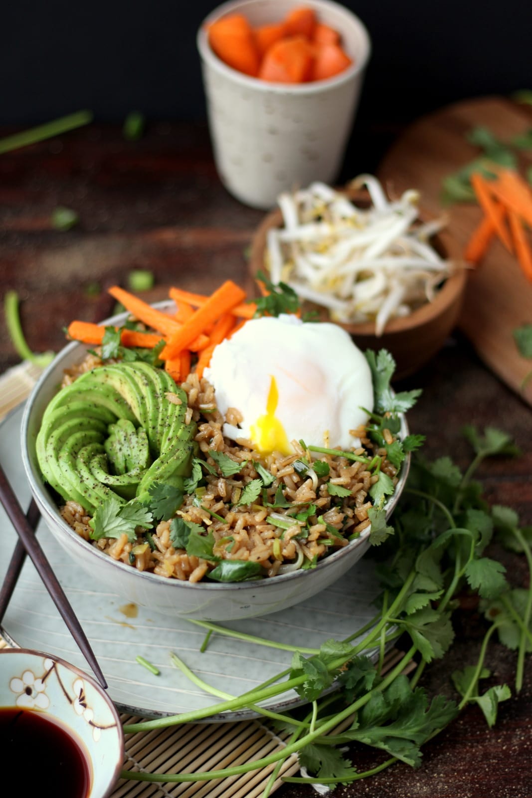 A fully topped bowl of vegetarian fried rice.