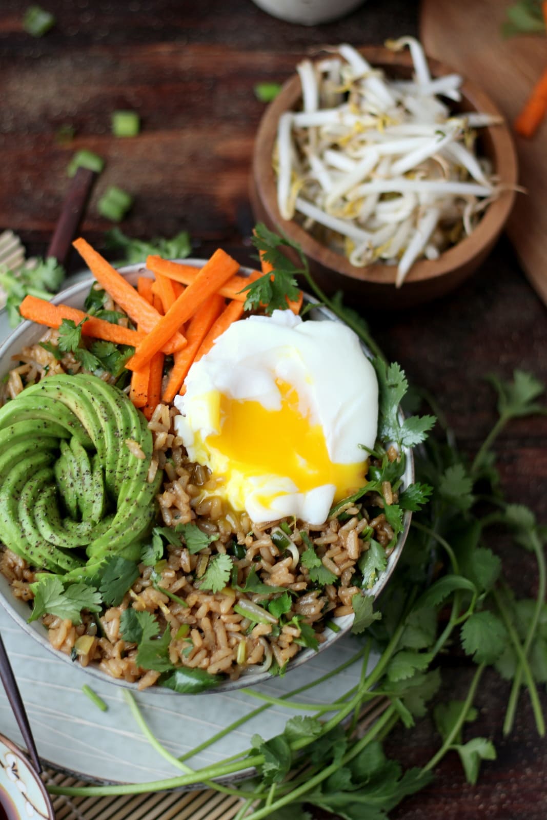 Cilantro Fried Rice + Avocado and Poached Egg - awesome vegetarian rice bowl recipe! thewoodenskillet.com #recipe #foodphotography