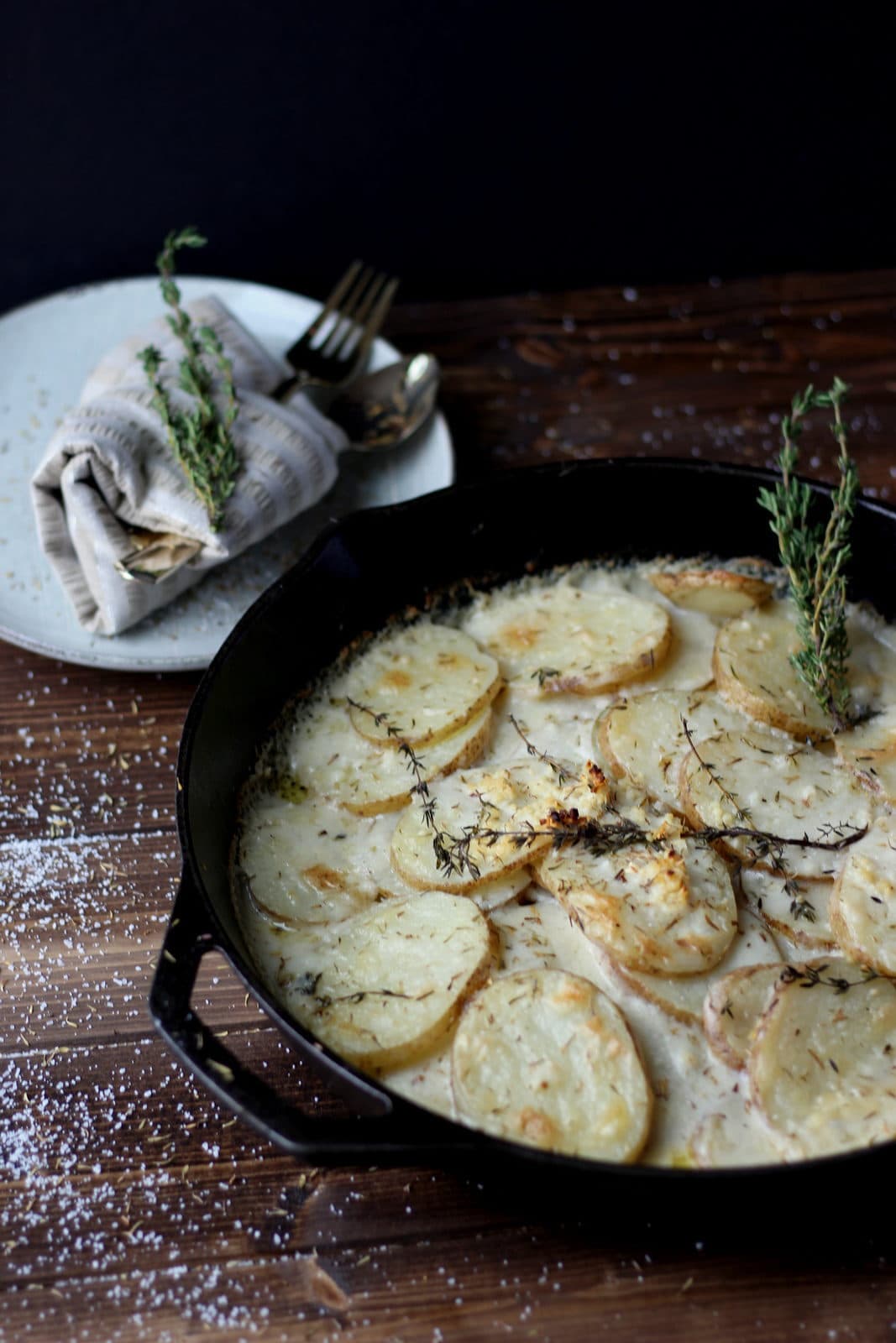 Goat Cheese Potatoes Au Gratin + Browned Butter and Fresh Thyme - thewoodenskillet.com #foodphotography #foodstyling