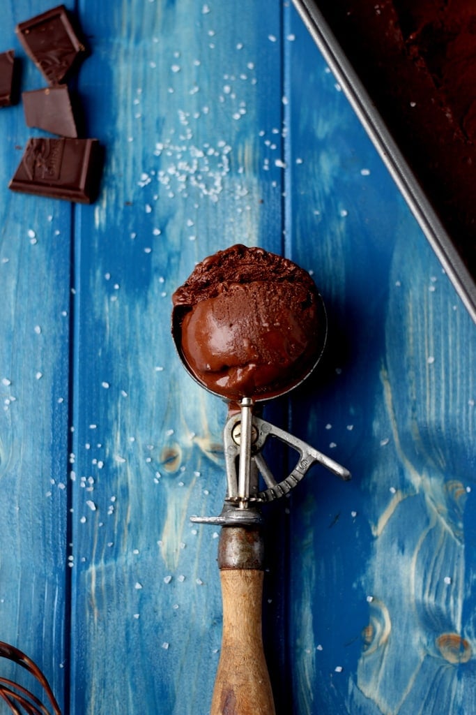 The best recipe for dark chocolate sorbet with coffee and kosher salt. Adapted from David Lebovitz. A fantastic dessert recipe! thewoodenskillet.com #foodphotography #food styling