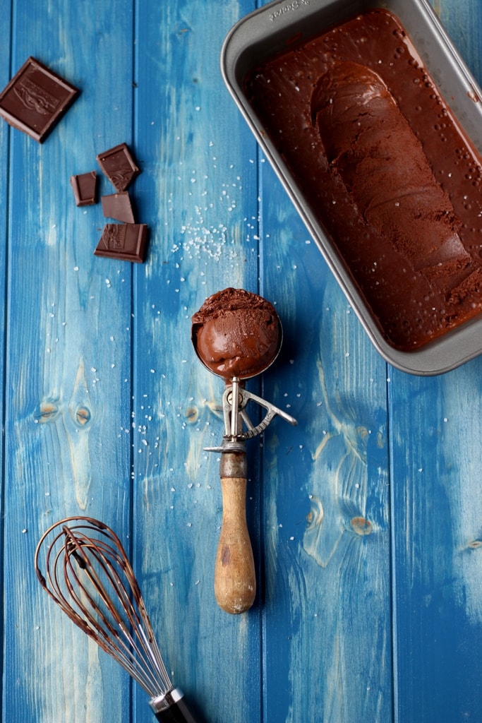 The best recipe for dark chocolate sorbet with coffee and kosher salt. Adapted from David Lebovitz. A fantastic dessert recipe! thewoodenskillet.com #foodphotography #food styling