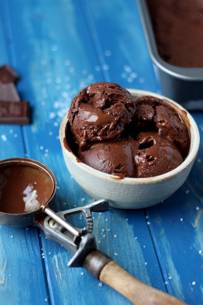 The best recipe for dark chocolate sorbet with coffee and kosher salt. Adapted from David Lebovitz. A fantastic dessert recipe! thewoodenskillet.com #foodphotography #food styling