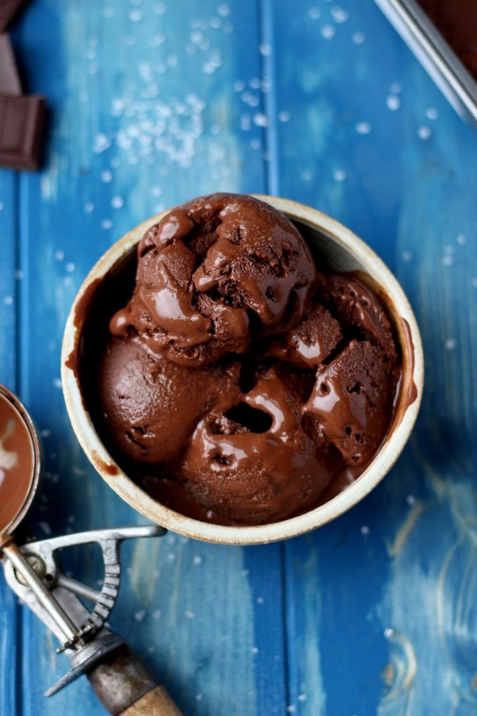 The best recipe for dark chocolate sorbet with coffee and kosher salt. Adapted from David Lebovitz. A fantastic dessert recipe! thewoodenskillet.com #foodphotography #food styling