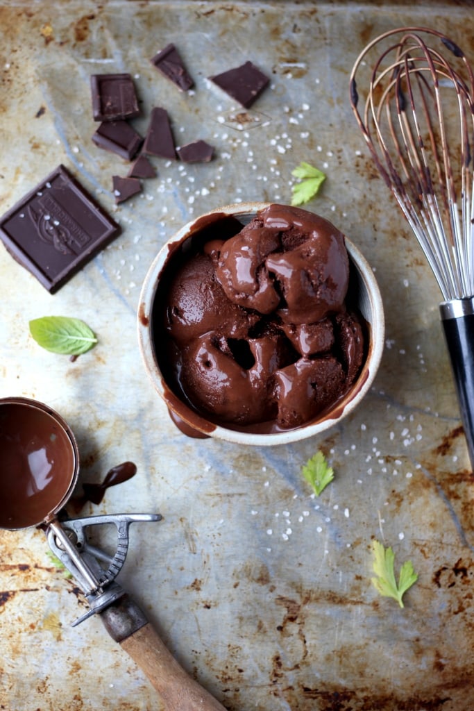 The best recipe for dark chocolate sorbet with coffee and kosher salt. Adapted from David Lebovitz. A fantastic dessert recipe! thewoodenskillet.com #foodphotography #food styling